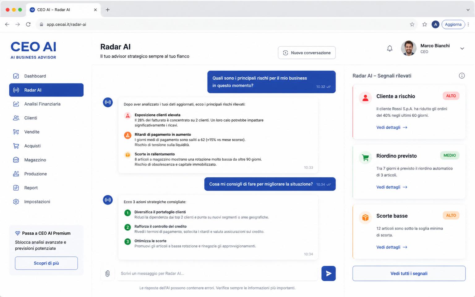 Schermata CEO AI e Radar AI di FoodFlow AI