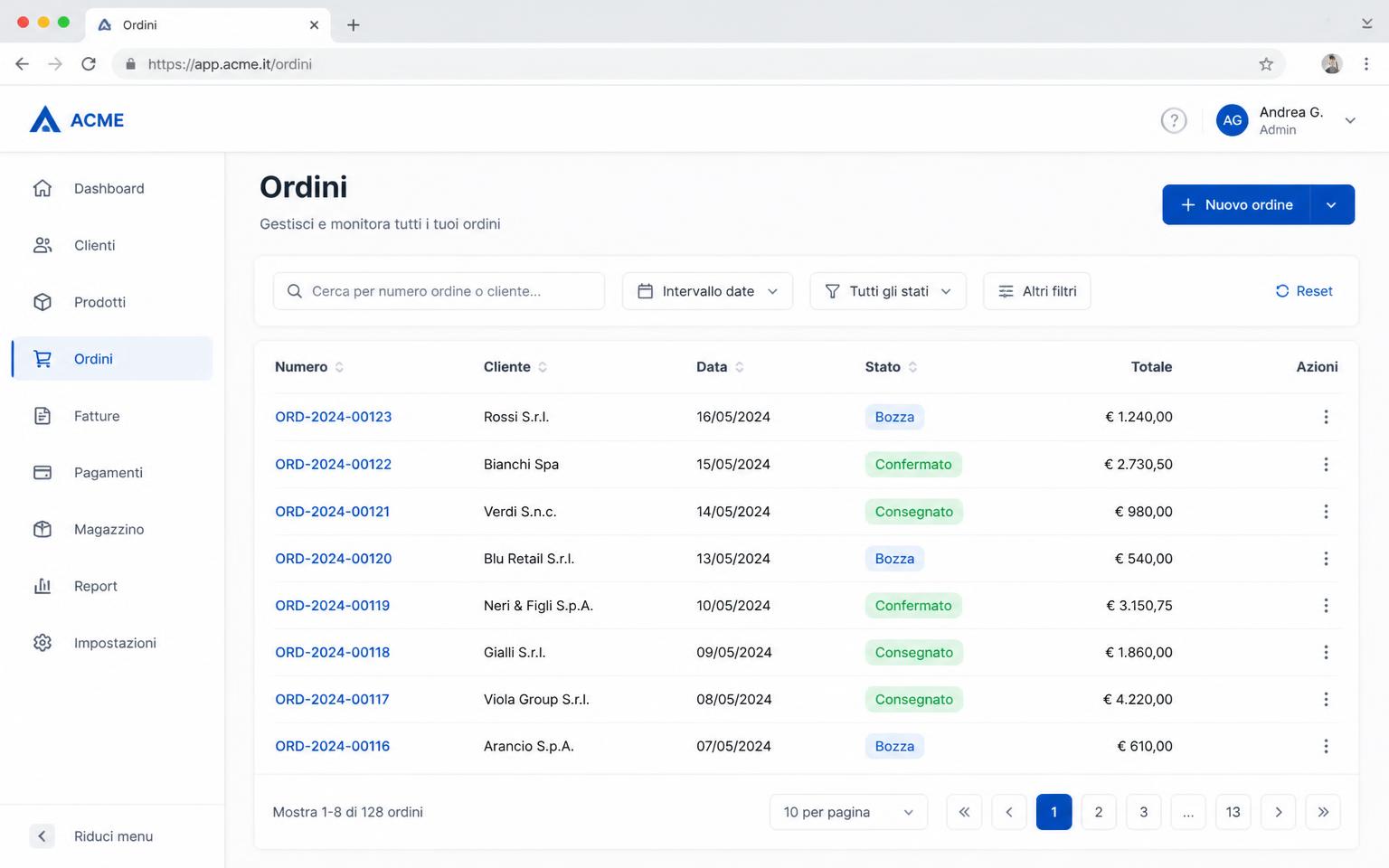 Schermata Ordini di FoodFlow AI