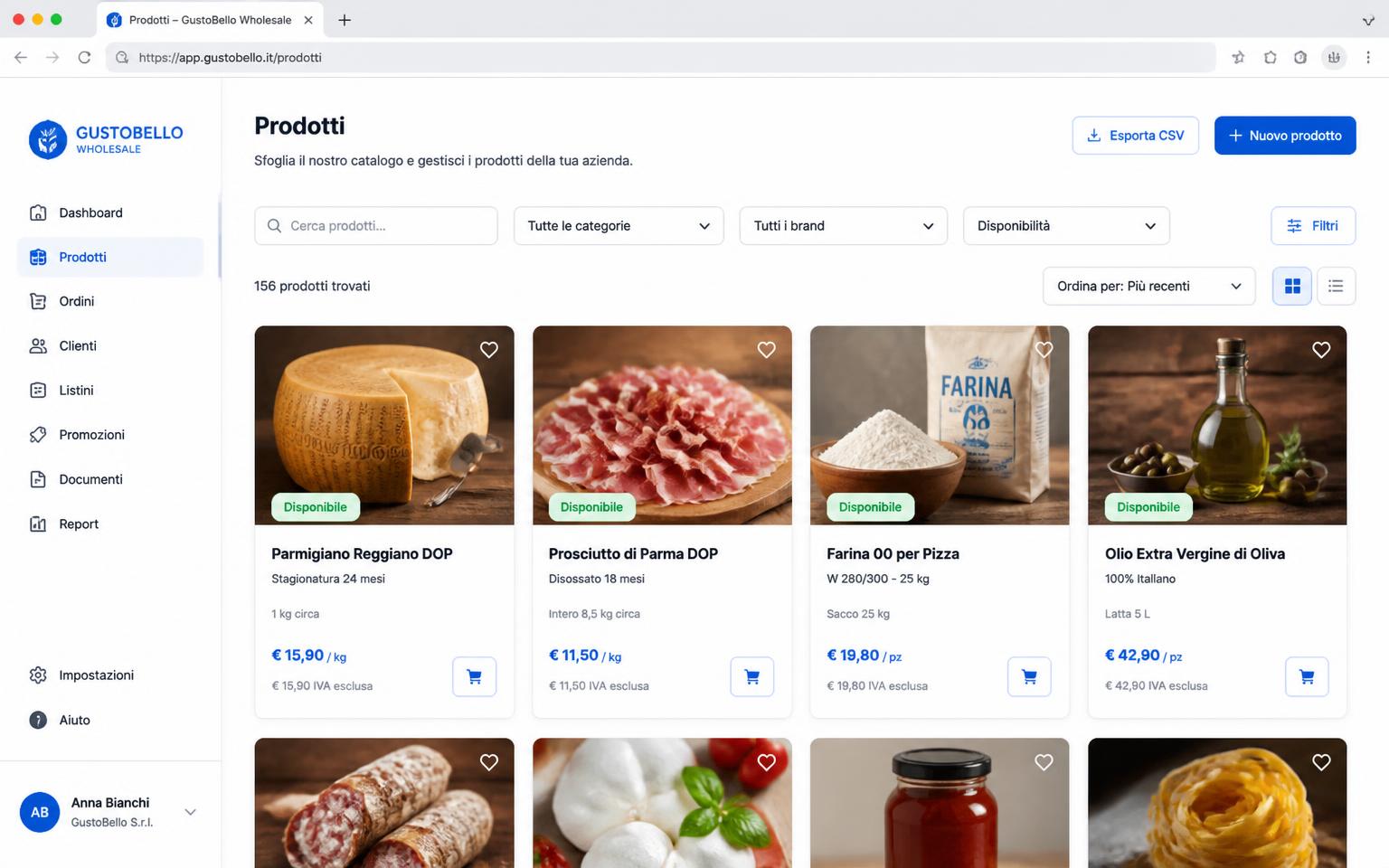 Schermata Catalogo prodotti di FoodFlow AI